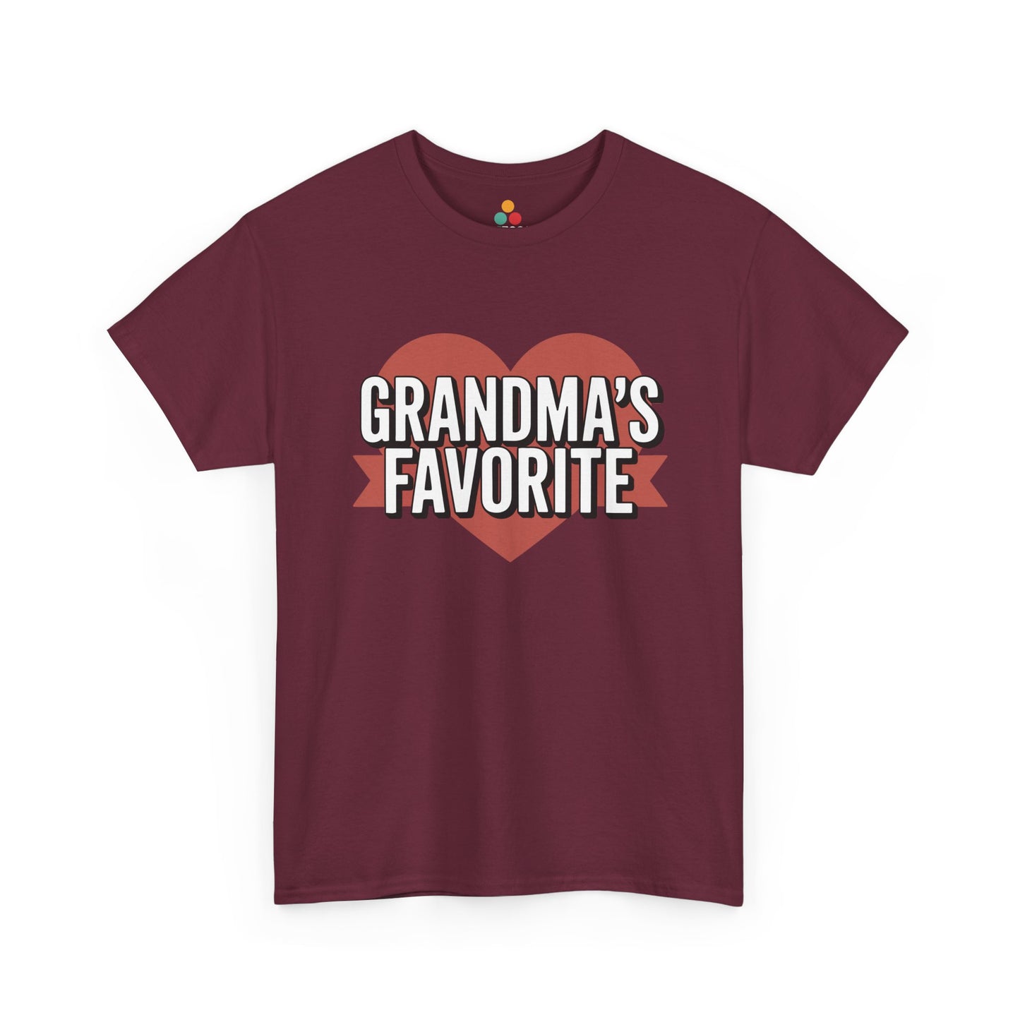 TEEZOCA maroon “Grandma’s Favorite” heart design t‑shirt displayed flat.