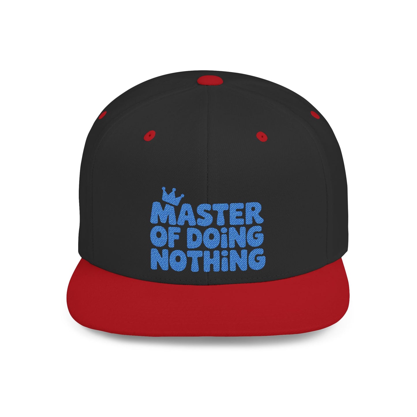 Black and red cap with blue text 'Master of Doing Nothing' on a white background