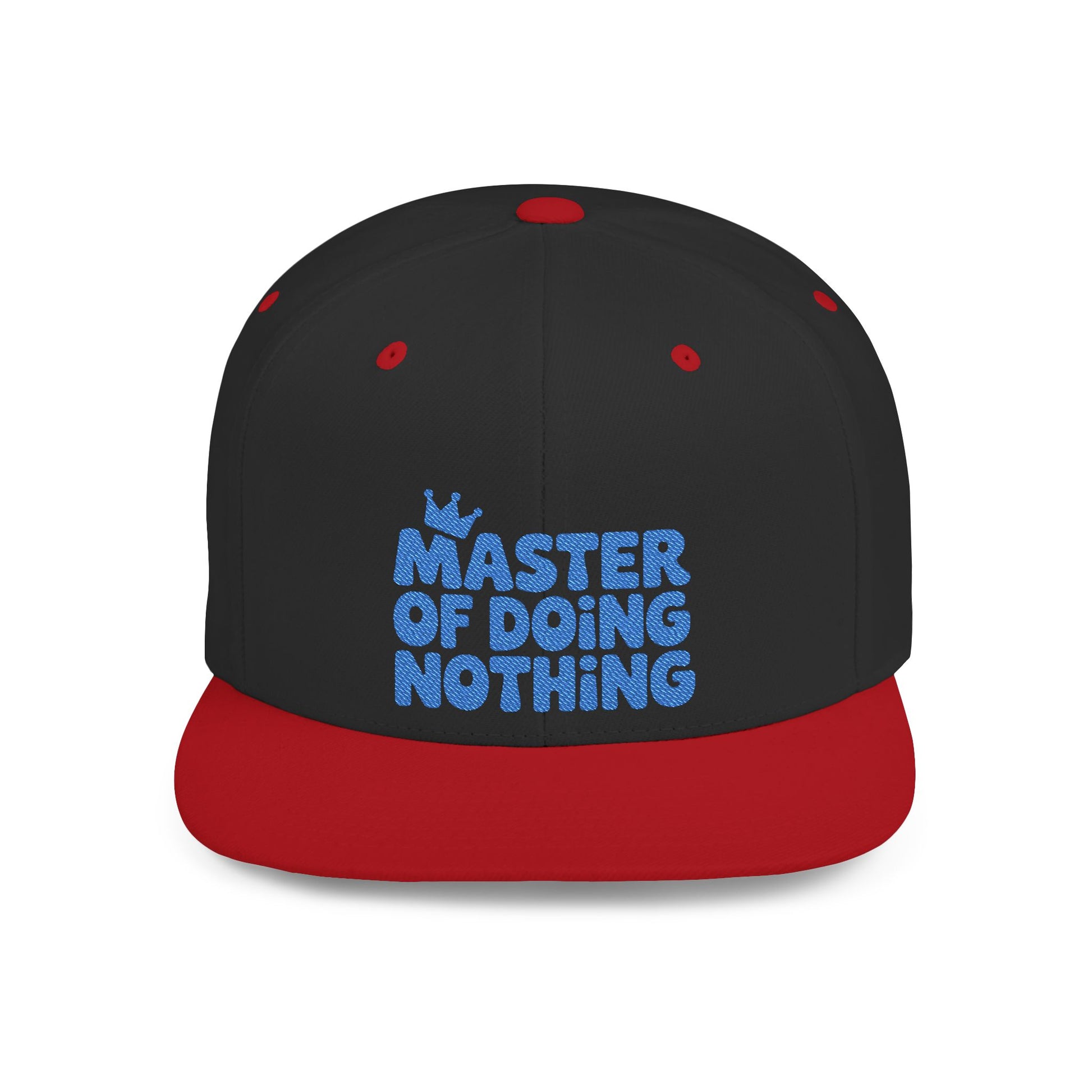 Black and red cap with blue text 'Master of Doing Nothing' on a white background