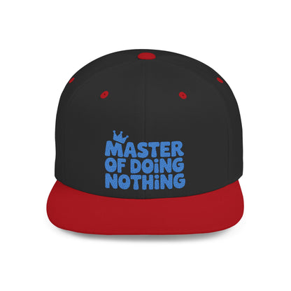 Black and red cap with blue text 'Master of Doing Nothing' on a white background