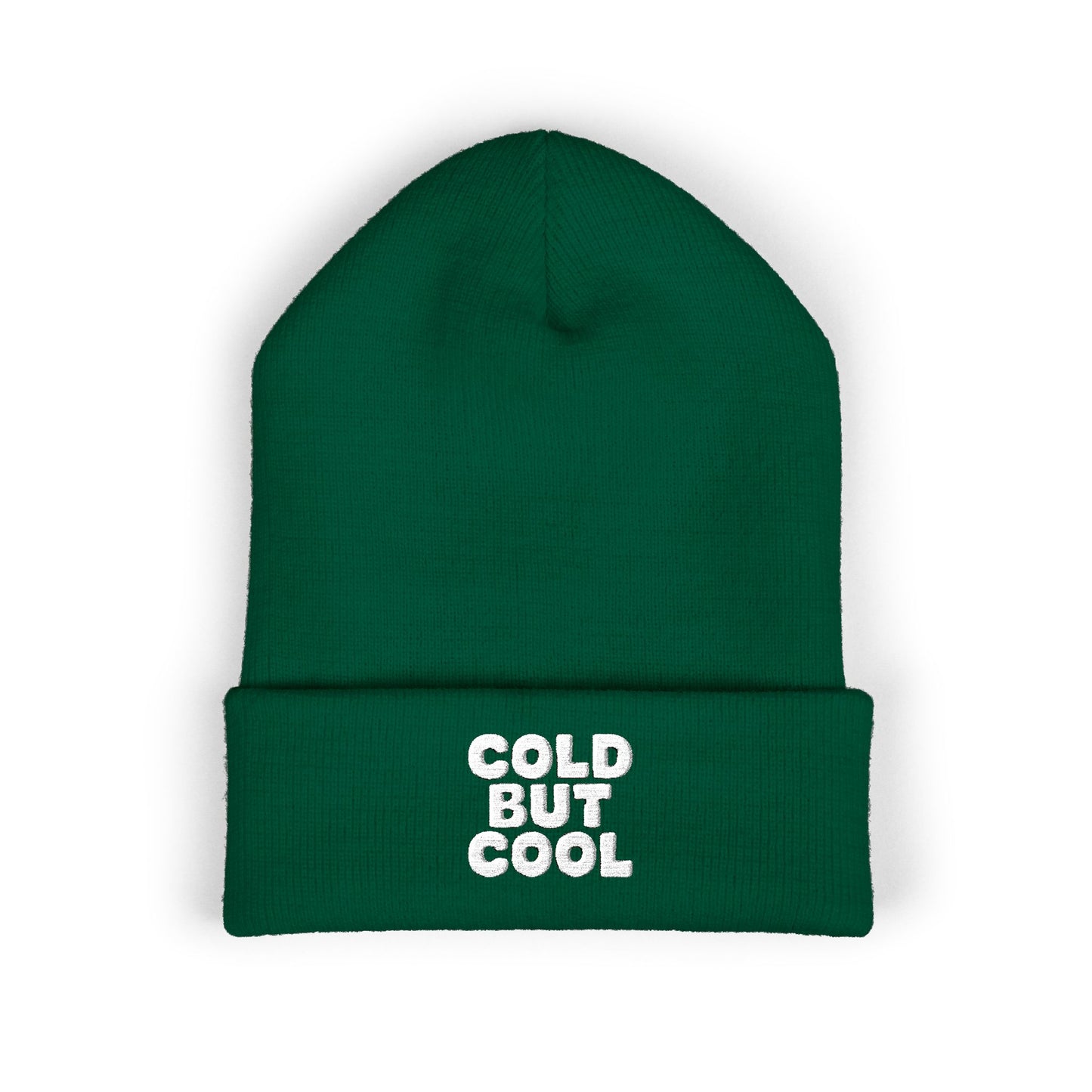 Green beanie with 'Cold But Cool' text on a white background