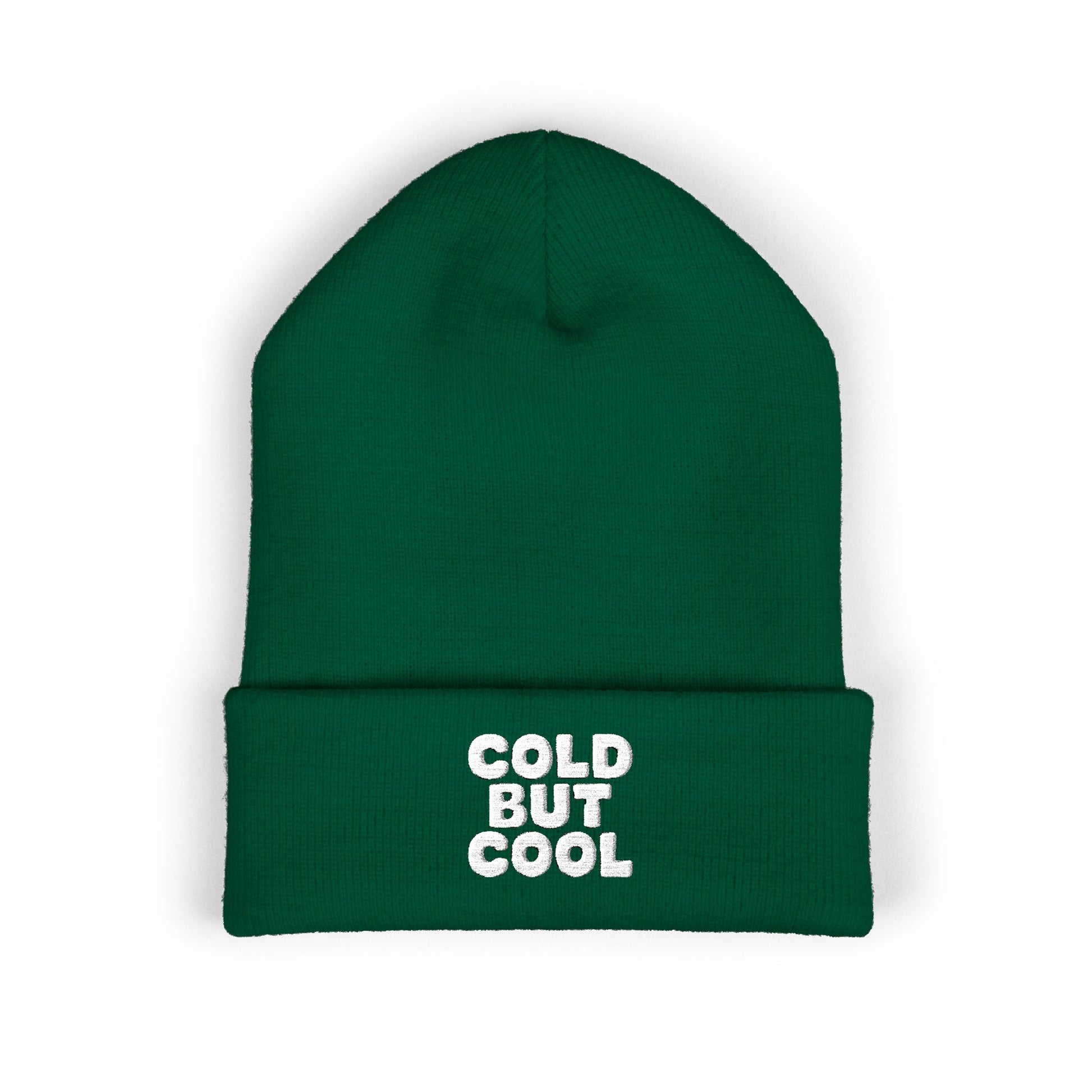 Green beanie with 'Cold But Cool' text on a white background