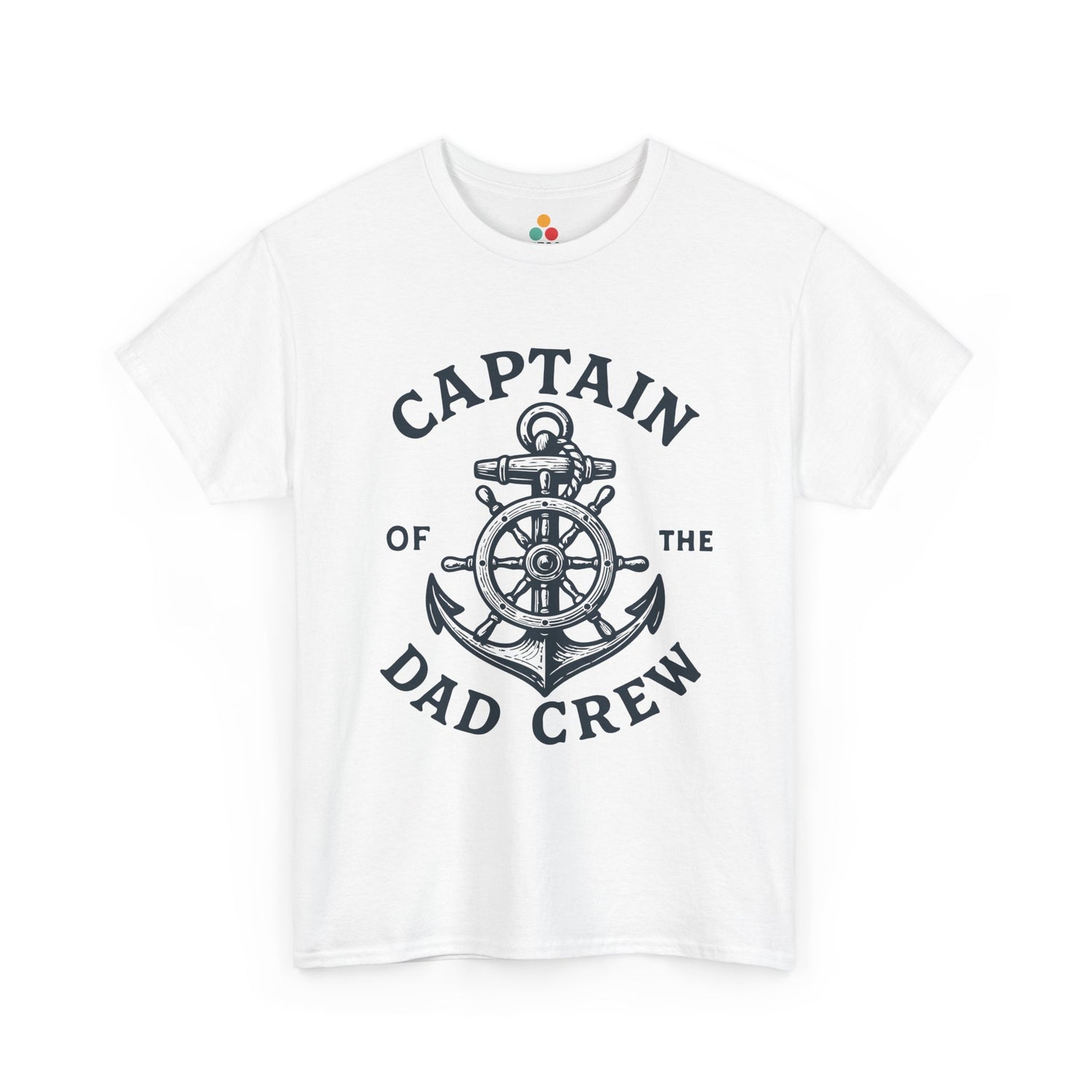 “Teezoca Captain of the Dad Crew shirt, nautical ship wheel and anchor graphic, white tee, front view.”

