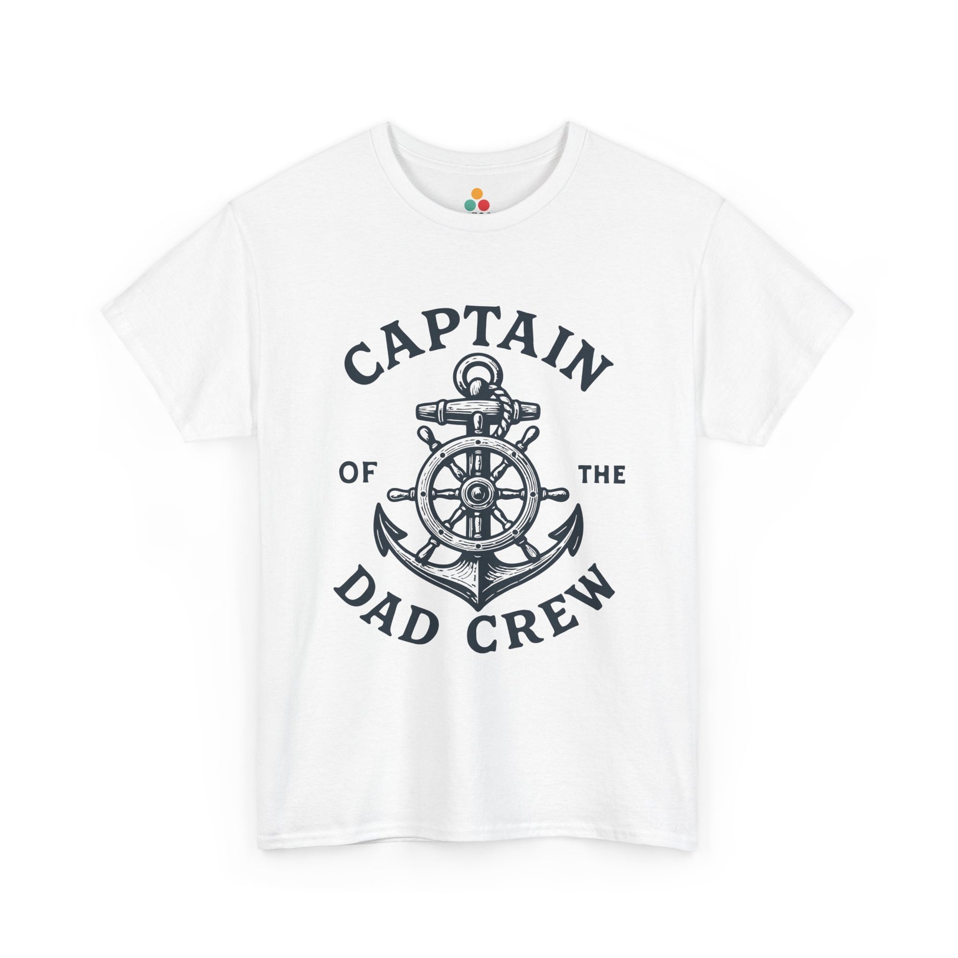 “Teezoca Captain of the Dad Crew shirt, nautical ship wheel and anchor graphic, white tee, front view.”

