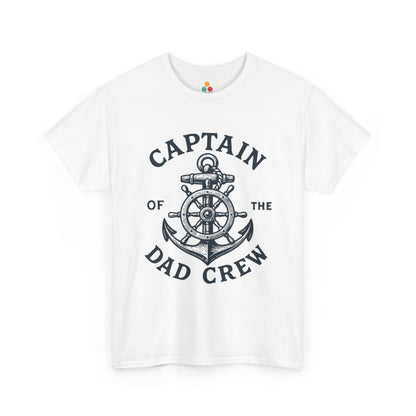 “Teezoca Captain of the Dad Crew shirt, nautical ship wheel and anchor graphic, white tee, front view.”

