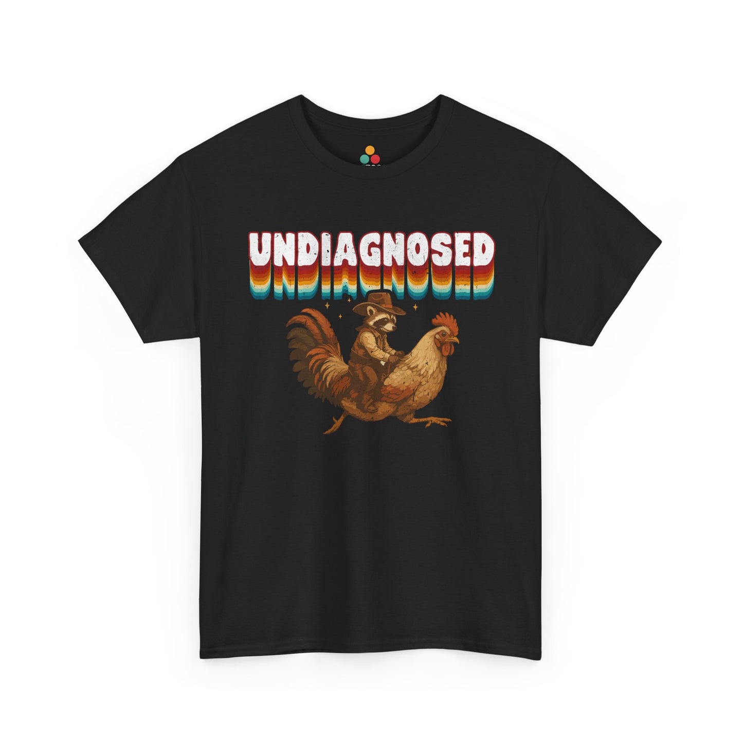 Black t-shirt with a graphic of a rooster and text 'UNDiAGNOSED' on a white background