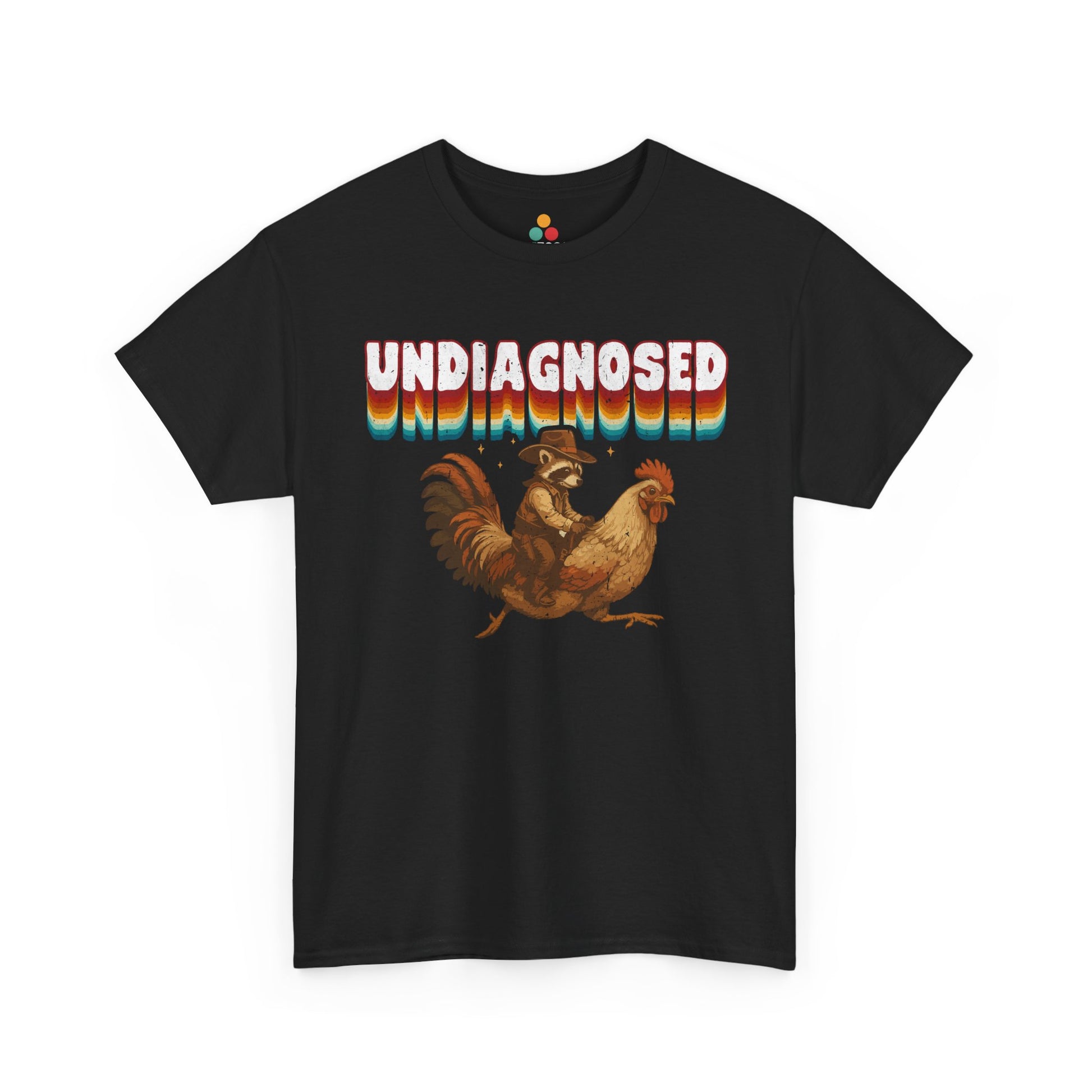 Black t-shirt with a graphic of a rooster and text 'UNDiAGNOSED' on a white background