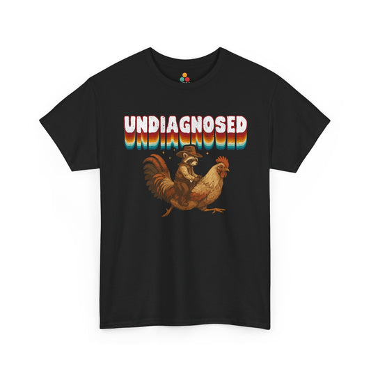 Black t-shirt with a graphic of a rooster and text 'UNDiAGNOSED' on a white background