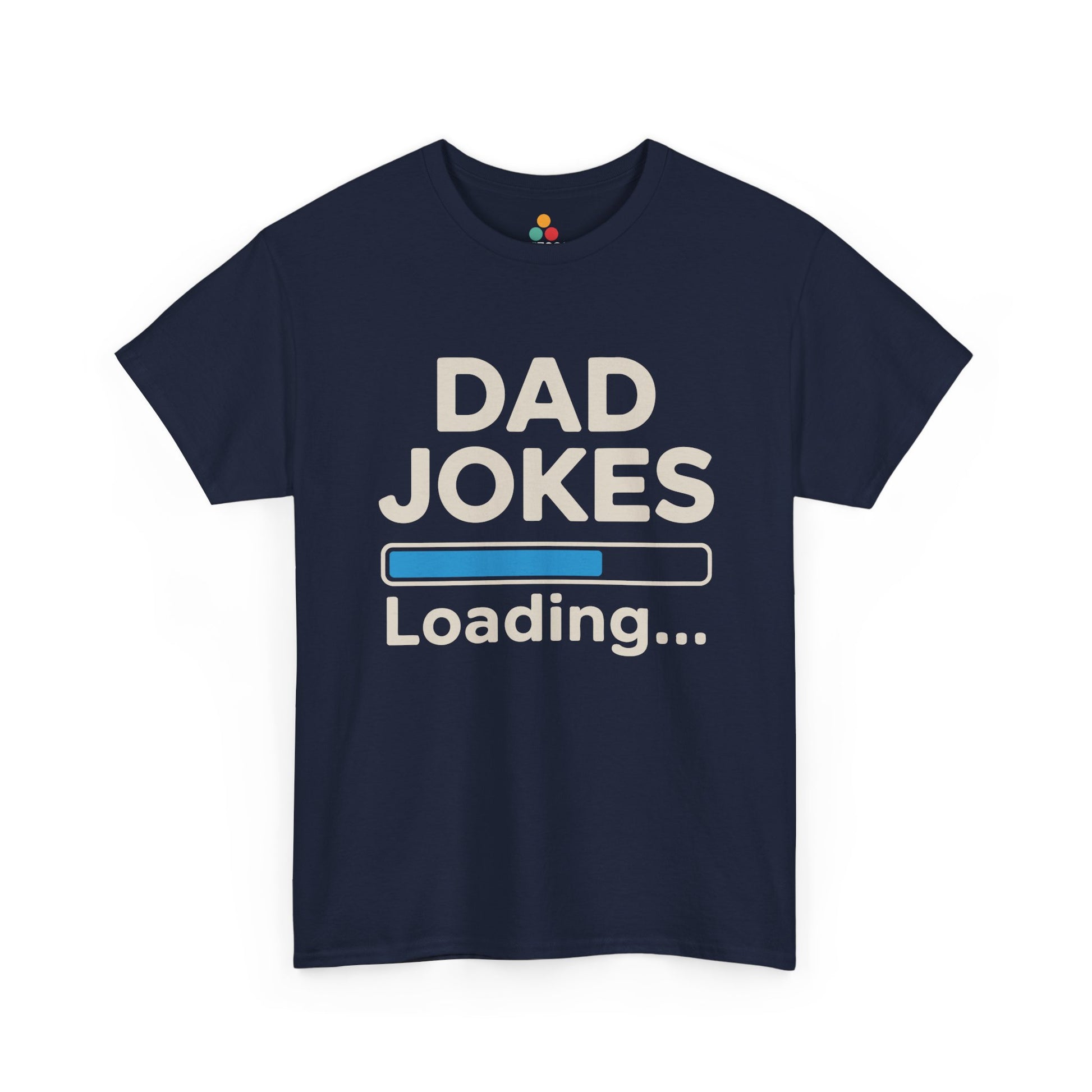 TEEZOCA navy “Dad Jokes Loading” dad joke t‑shirt laid flat.