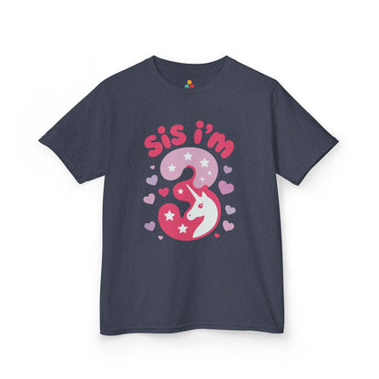 Navy blue 'Sis I'm 3' unicorn birthday shirts with pink number 3 and hearts, flat front view."