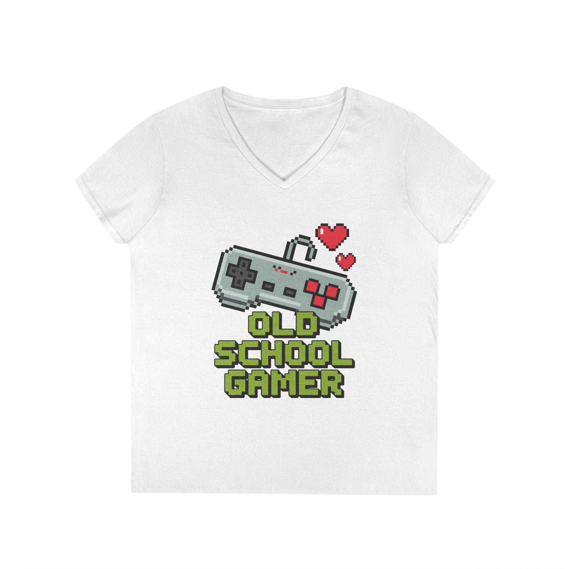 Old School Gamer Pixel Art V-Neck T-Shirt for Retro Gaming Queens | TEEZOCA 