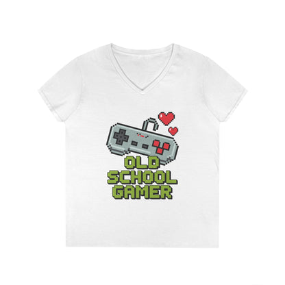 Old School Gamer Pixel Art V-Neck T-Shirt for Retro Gaming Queens | TEEZOCA 