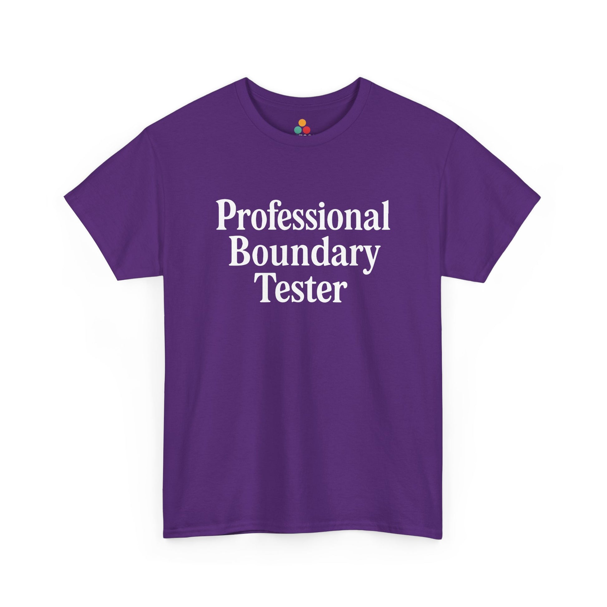 "Purple unisex t‑shirt with bold white 'Professional Boundary Tester' slogan, flat front."