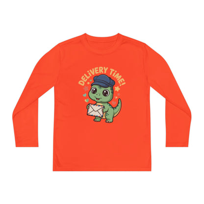 Youth Long Sleeve Tee — Cute Dino 'Delivery Time!' Mail Carrier Shirt TEEZOCA