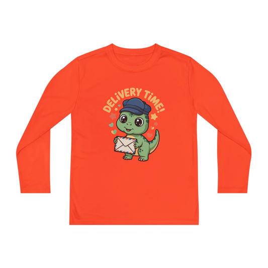 Youth Long Sleeve Tee — Cute Dino 'Delivery Time!' Mail Carrier Shirt TEEZOCA