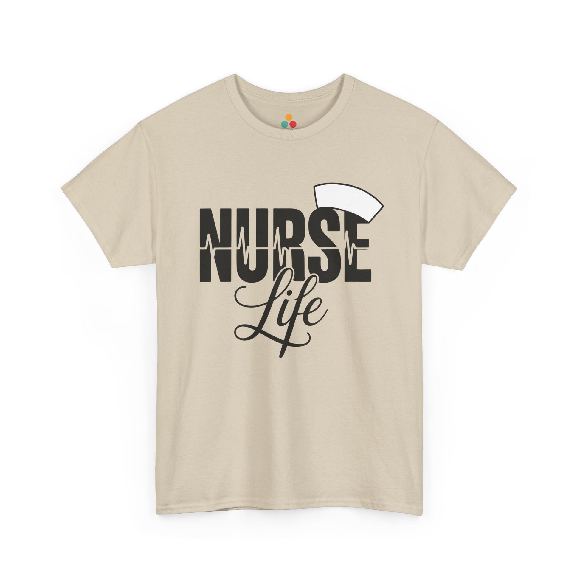 “Teezoca Nurse Life shirt, bold NURSE with heartbeat line and script Life, Beige tee, flat front display.”

