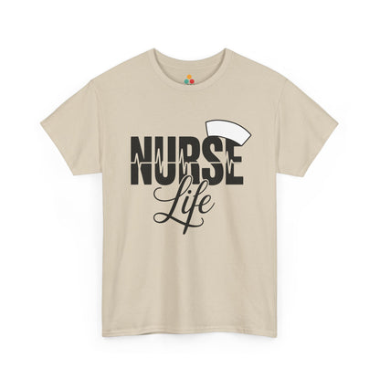 “Teezoca Nurse Life shirt, bold NURSE with heartbeat line and script Life, Beige tee, flat front display.”

