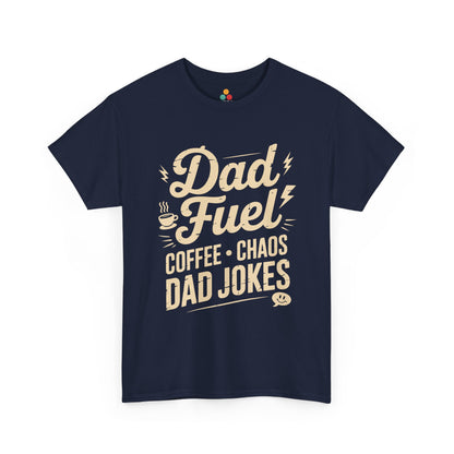 TEEZOCA navy “Dad Fuel Coffee Chaos Dad Jokes” statement dad joke t-shirt displayed flat.