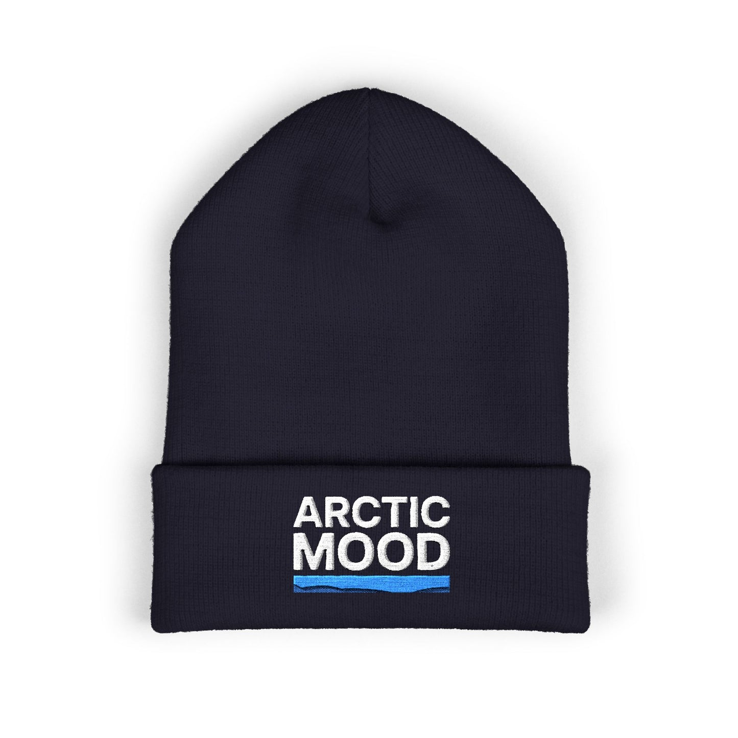 Funny navy beanie with 'Arctic Mood' text on a white background