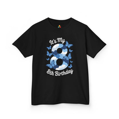 “Black ‘It’s My 8th Birthday’ t-shirt with big blue cloud number 8 and blue butterflies, kids birthday design, flat front view.”

