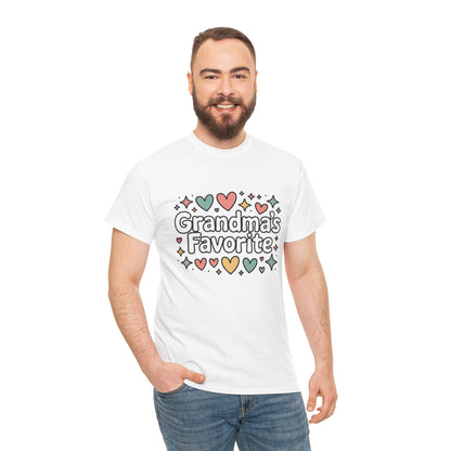 Man modeling a TEEZOCA “Grandma’s Favorite” cute grandkid t‑shirt.