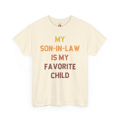 TEEZOCA cream “My Son‑In‑Law Is My Favorite Child” retro lettering t‑shirt displayed flat.