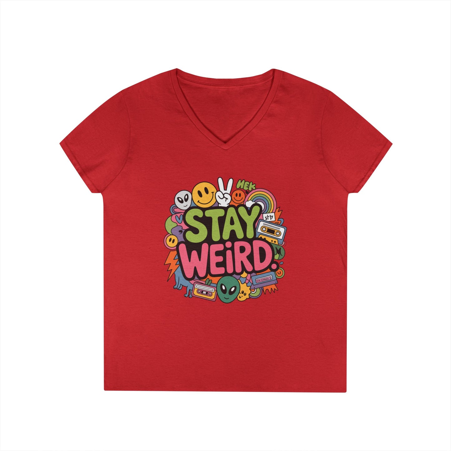 Stay Weird Retro Smiley Collage V-Neck T-Shirt for Women | TEEZOCA 