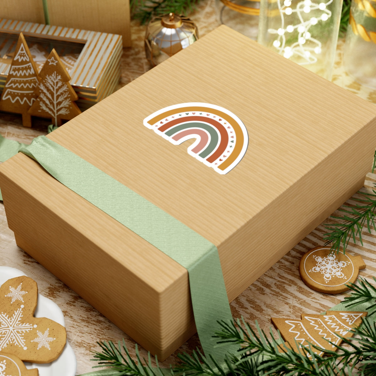 Wooden gift box with a rainbow design and green ribbon, surrounded by Christmas decorations. TEEZOCA
