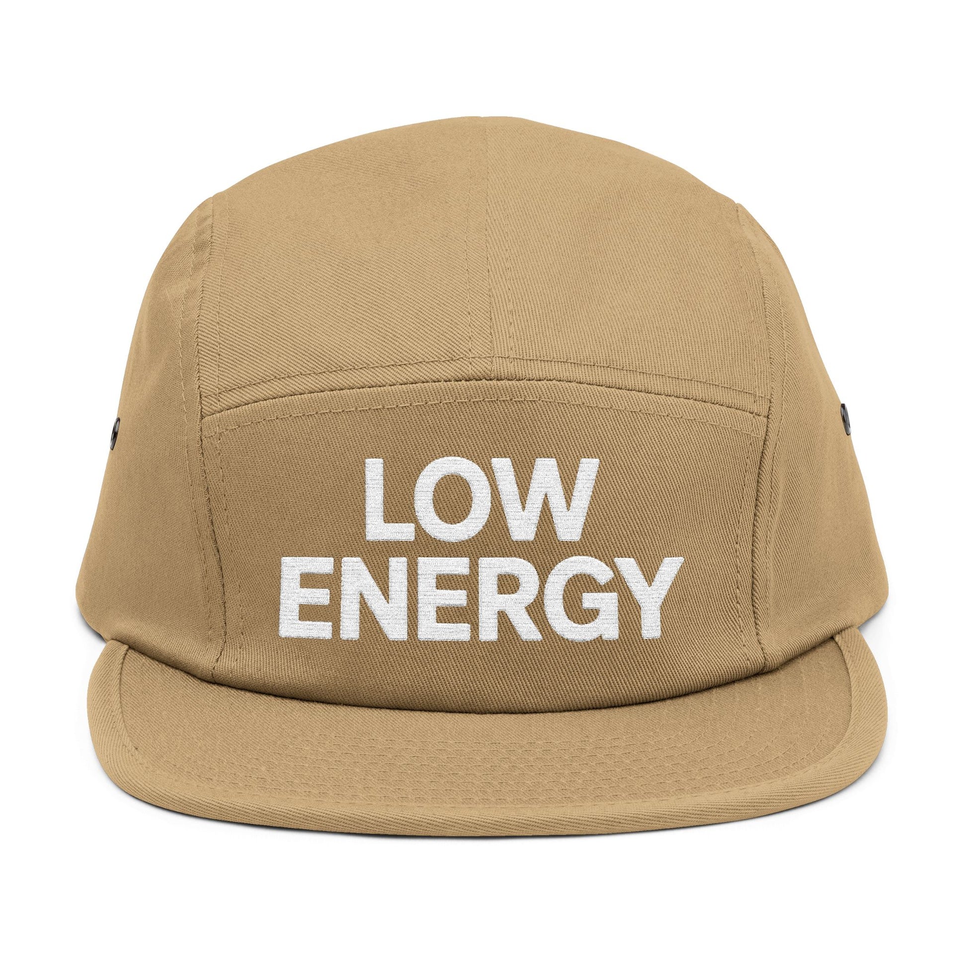 Beige cap with 'LOW ENERGY' text on a white background. Low Energy embroidered text on five-panel cap minimalist design. TEEZOCA