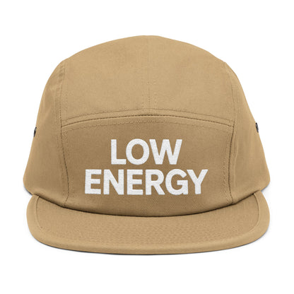 Beige cap with 'LOW ENERGY' text on a white background. Low Energy embroidered text on five-panel cap minimalist design. TEEZOCA
