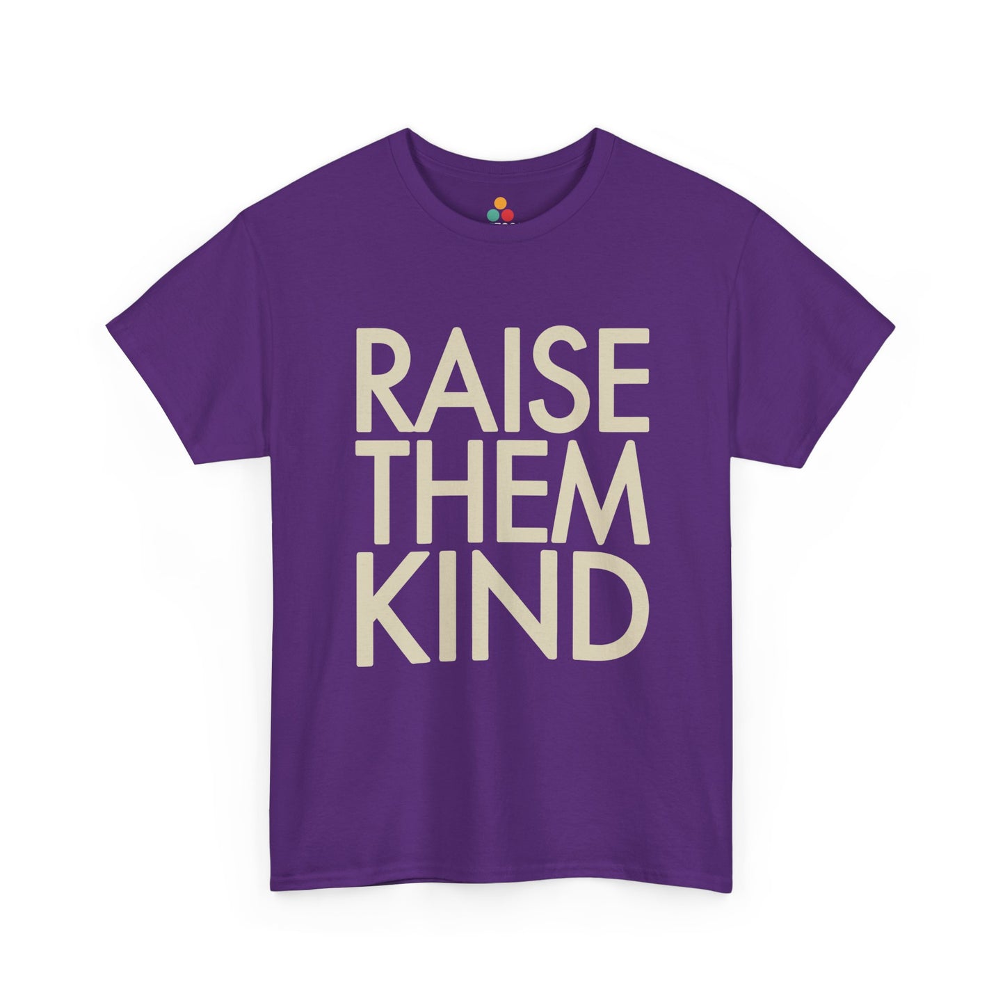 TEEZOCA purple "Raise Them Kind" values-focused parenting graphic tee displayed flat.