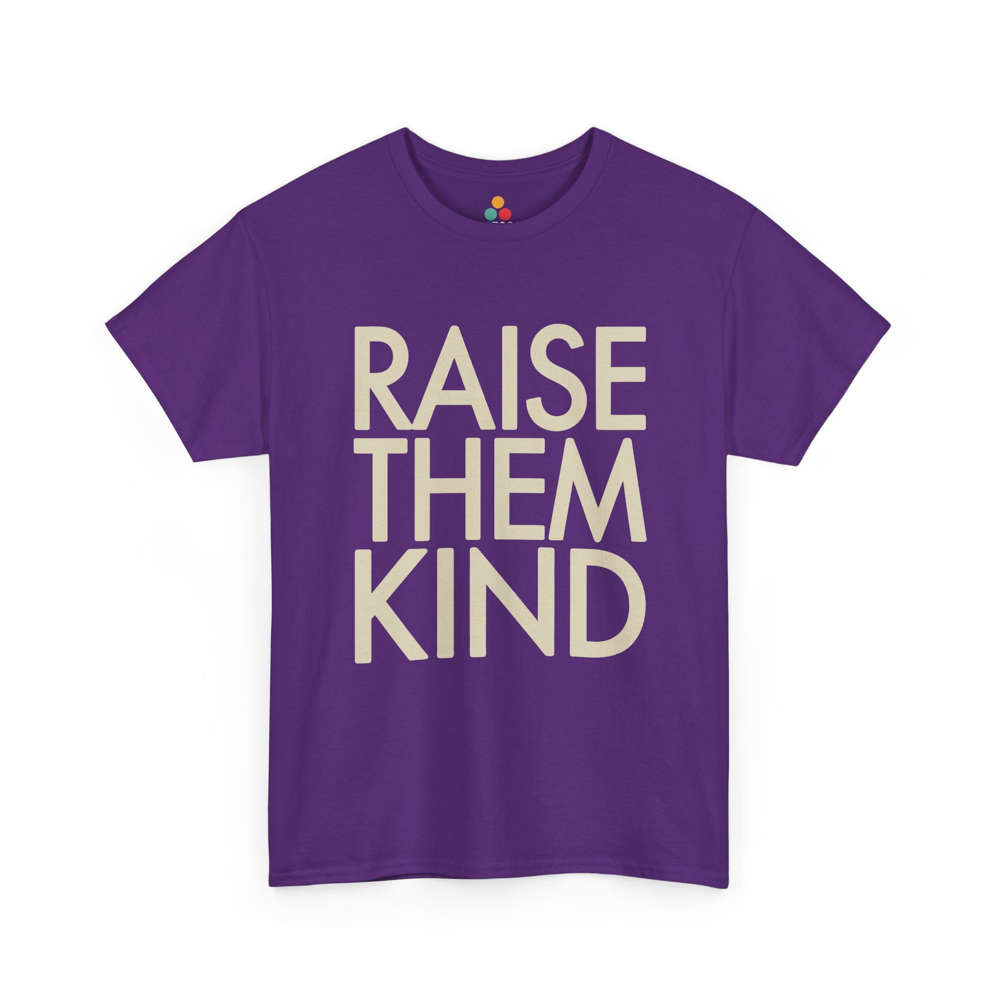 TEEZOCA purple "Raise Them Kind" values-focused parenting graphic tee displayed flat.