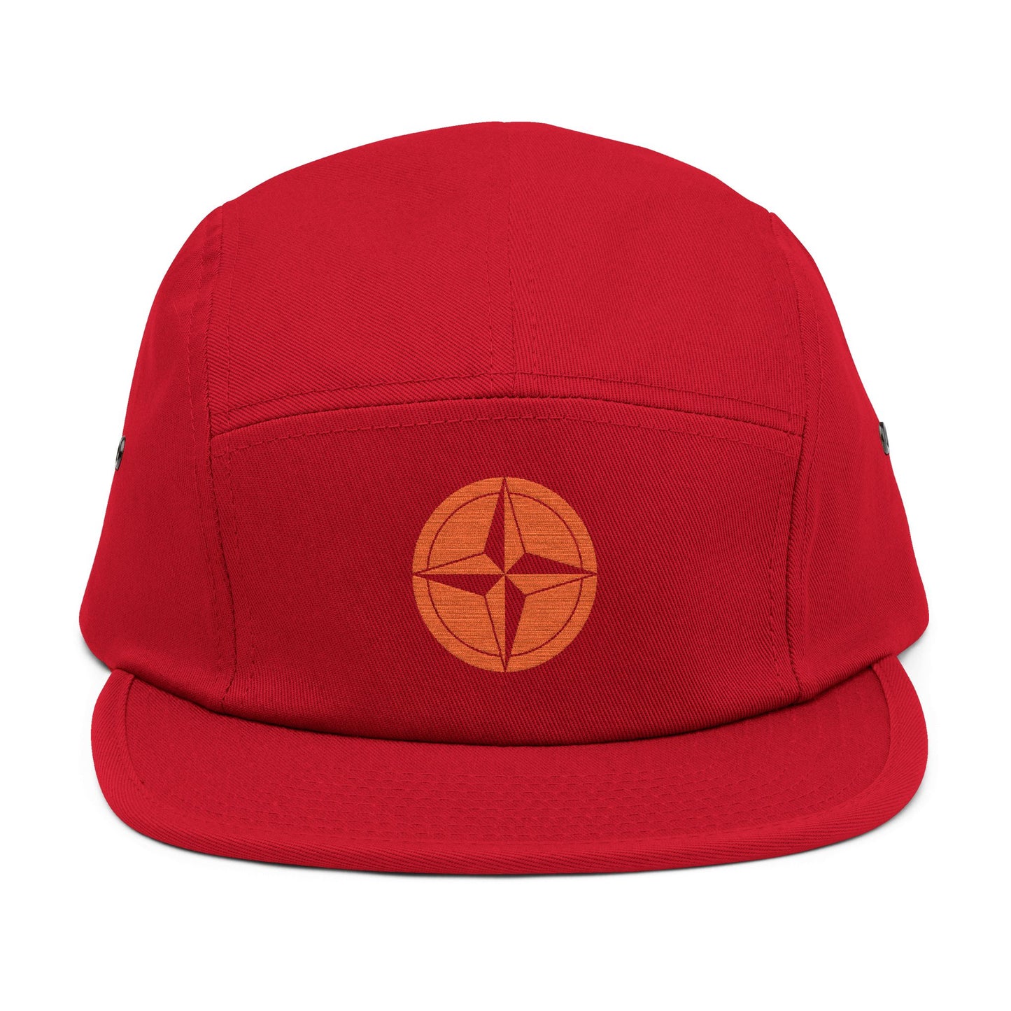 Red cap with a circular logo on a white background. minimalist compass star icon embroidered design for 5-panel cap by TEEZOCA