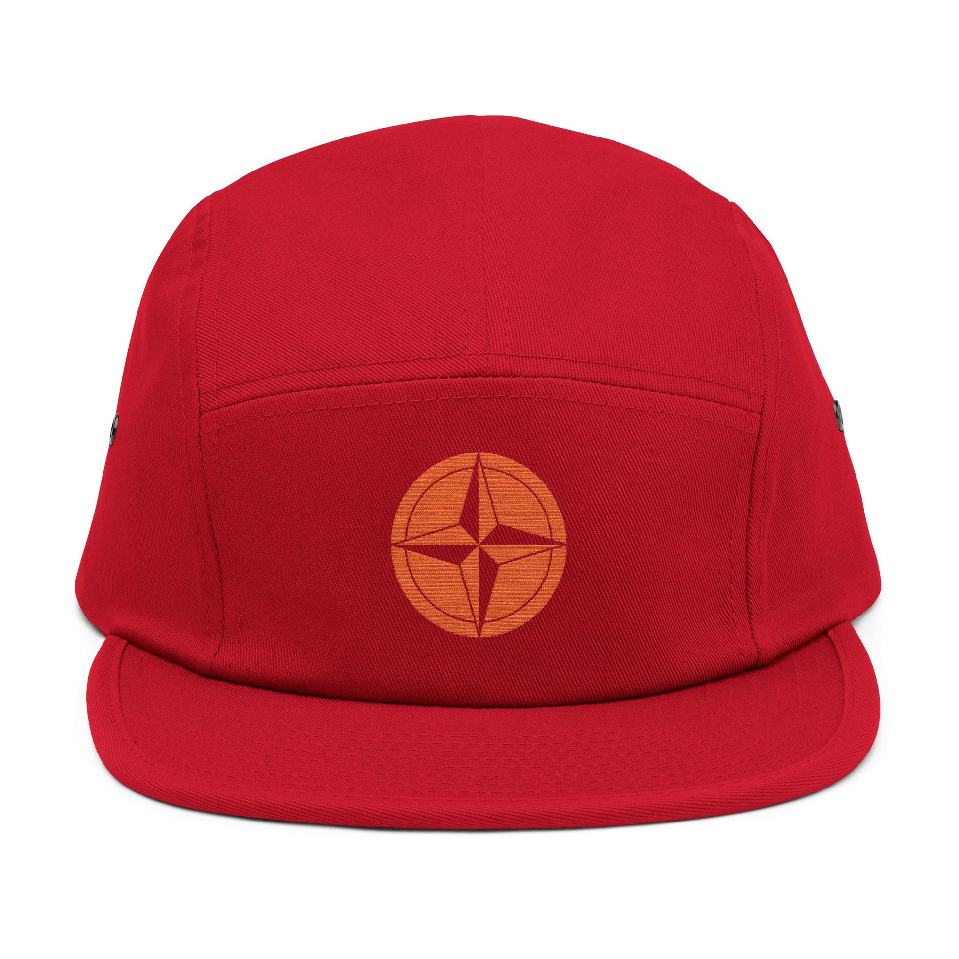 Red cap with a circular logo on a white background. minimalist compass star icon embroidered design for 5-panel cap by TEEZOCA