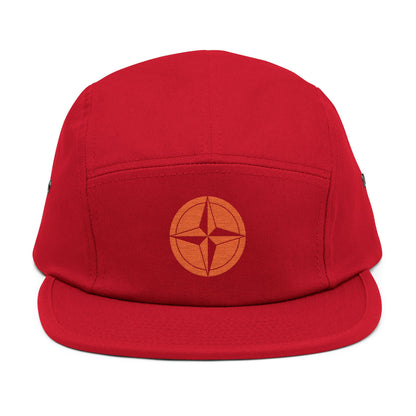 Red cap with a circular logo on a white background. minimalist compass star icon embroidered design for 5-panel cap by TEEZOCA