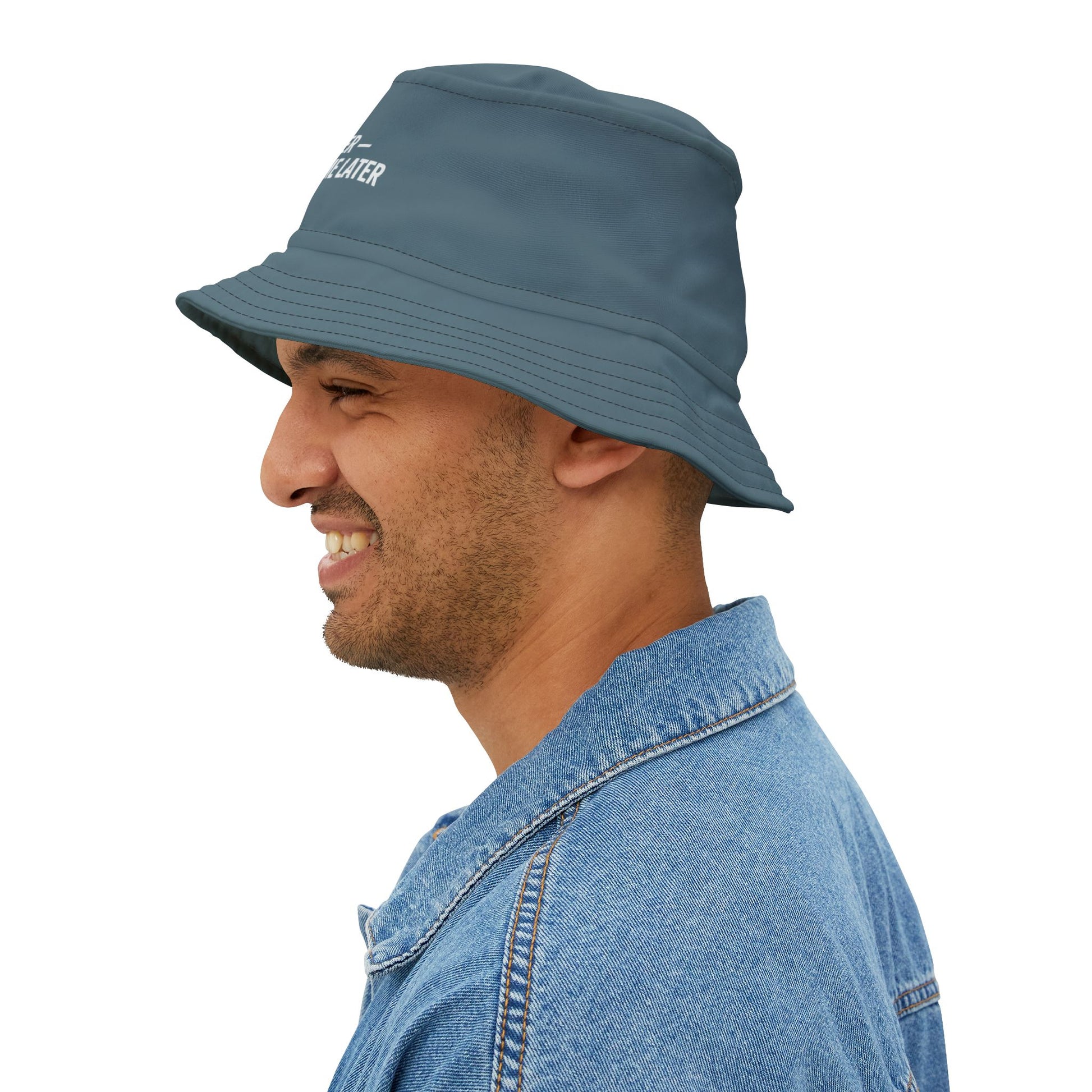 Funny blue bucket hat with text 'Out of order - please reboot me later' on a white background. TEEZOCA