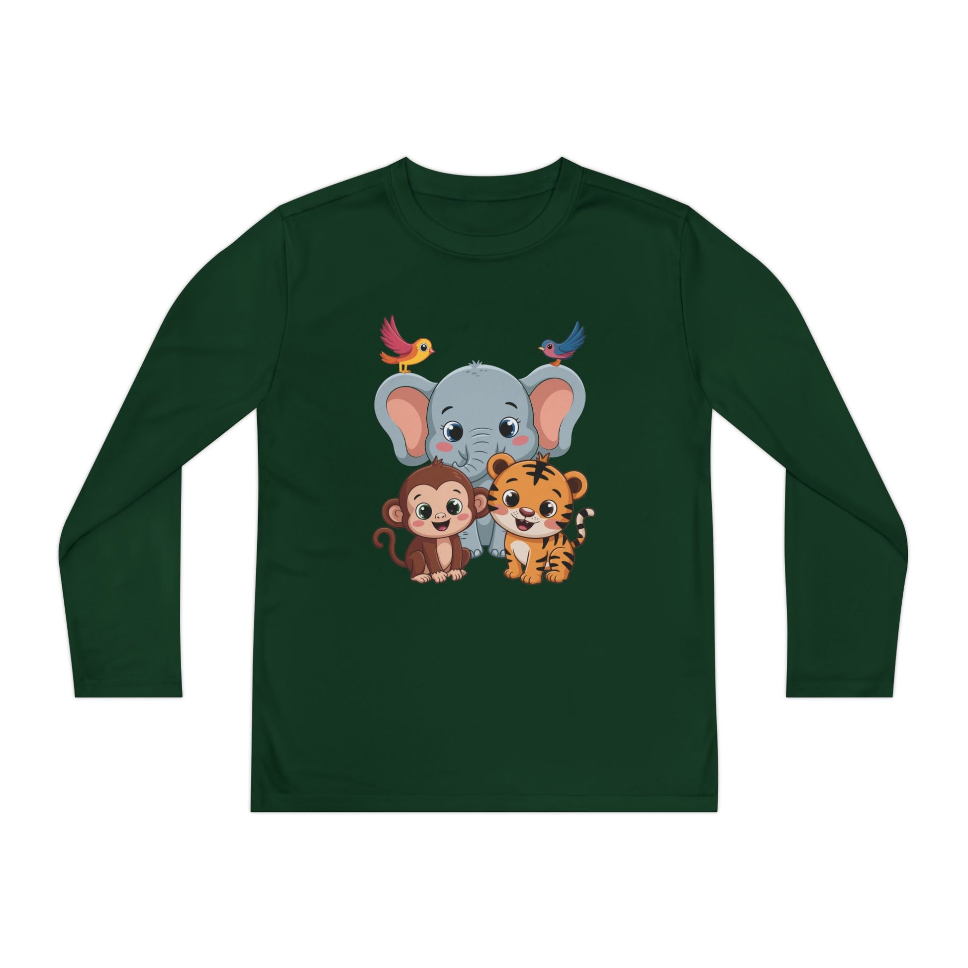 Kids Long Sleeve Tee - Cute Jungle Animals (Elephant, Monkey & Tiger) TEEZOCA