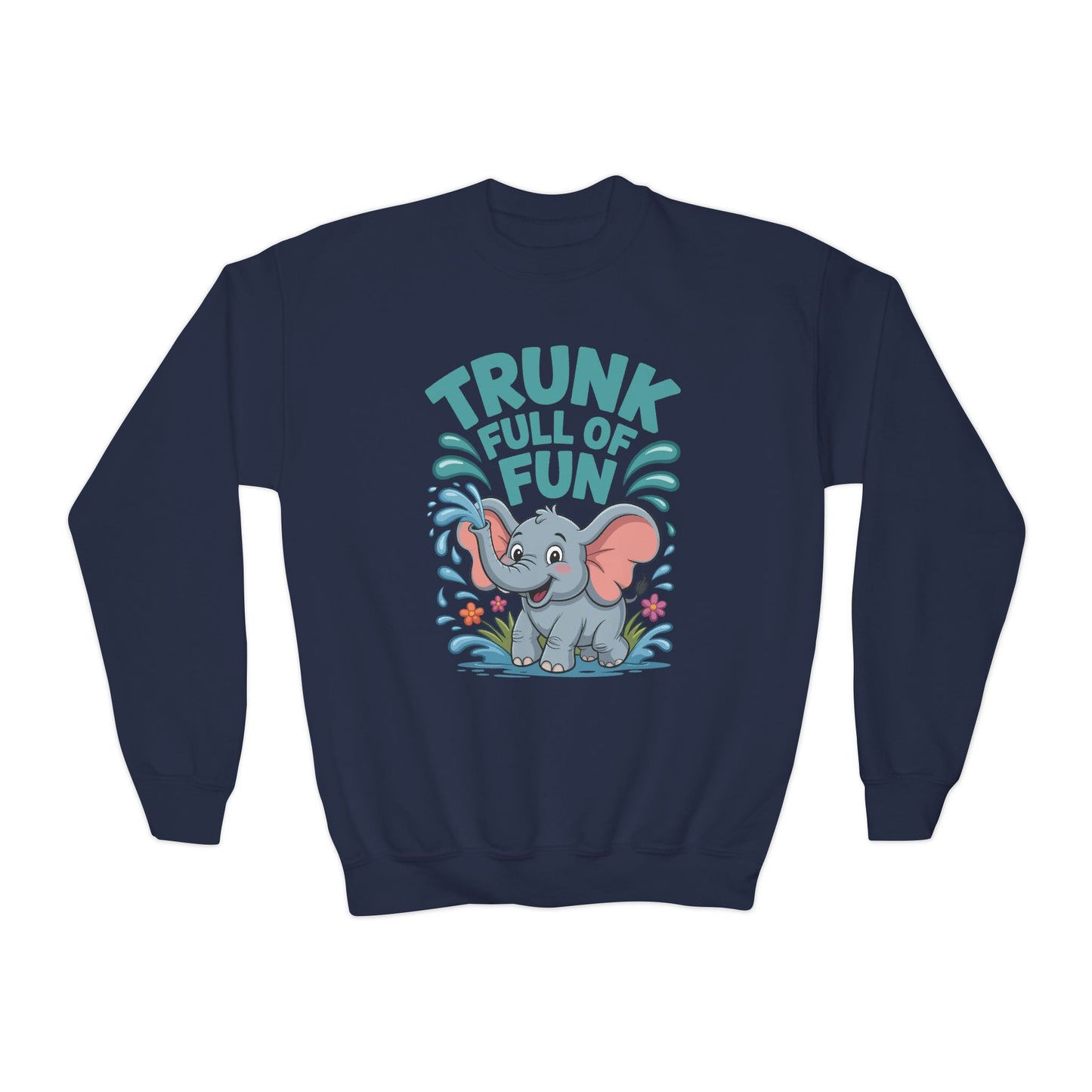 Youth Crewneck Sweatshirt — "Trunk Full of Fun" Playful Elephant Kids Pullover TEEZOCA