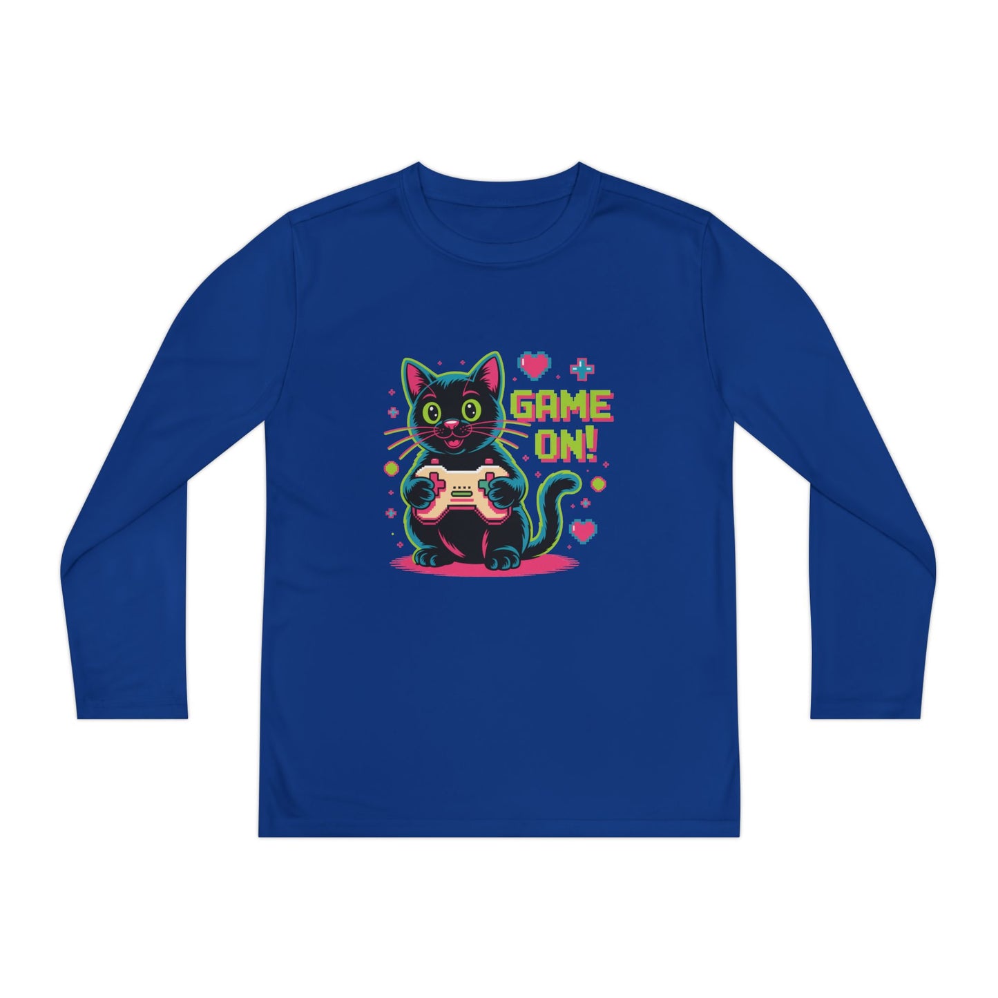 Youth Long Sleeve Tee — "Game On!" Gamer Cat Graphic TEEZOCA