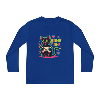 Youth Long Sleeve Tee — "Game On!" Gamer Cat Graphic TEEZOCA