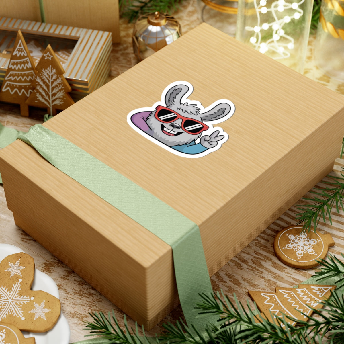 Wooden gift box with a cartoon bunny sticker on a festive background with cookies and lights. TEEZOCA