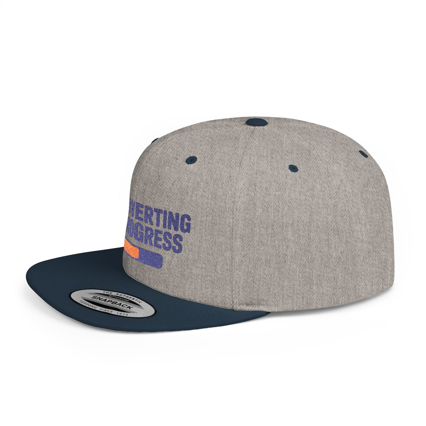 Gray and navy cap with 'Everting Progress' text on a white background