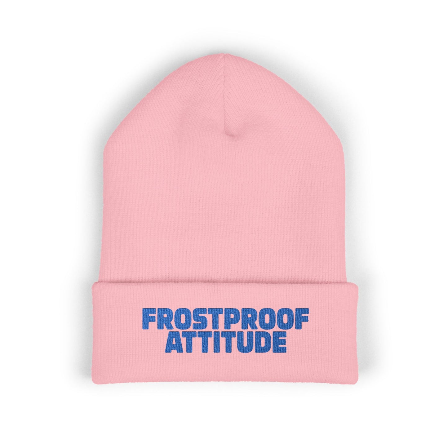 Pink beanie with 'Frostproof Attitude' text on a white background