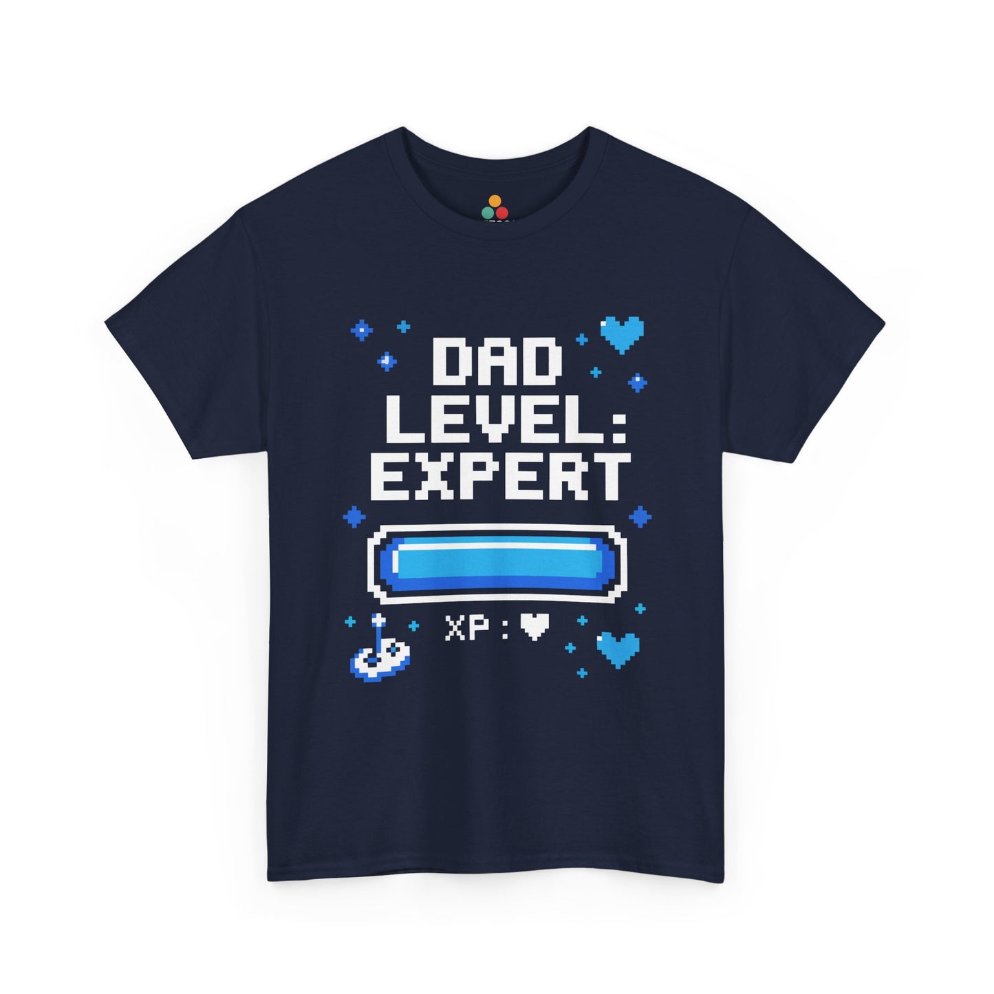 TEEZOCA navy “Dad Level: Expert” retro gamer dad T‑shirt laid flat.