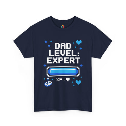TEEZOCA navy “Dad Level: Expert” retro gamer dad T‑shirt laid flat.