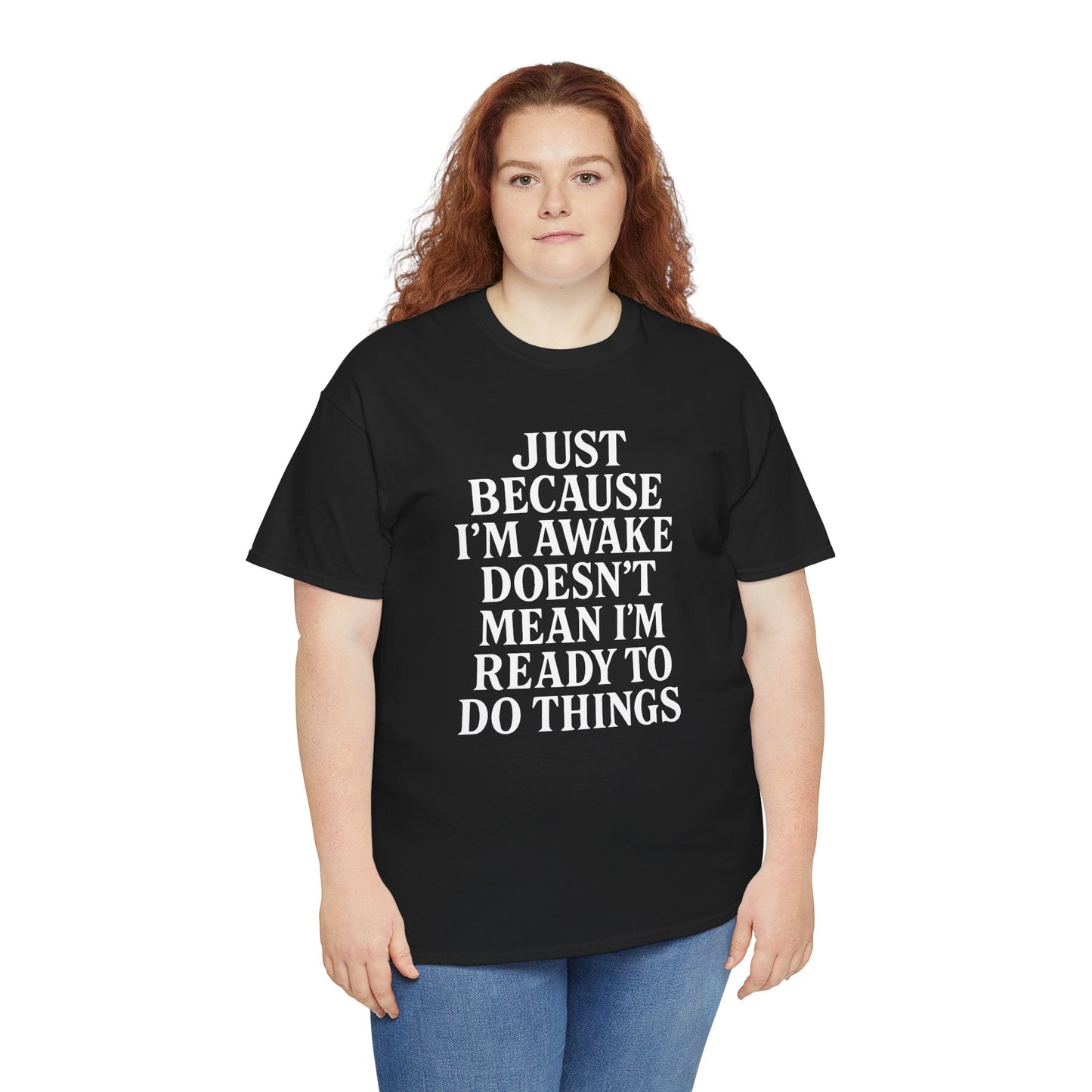 “Woman wearing black lazy‑morning quote shirt with bold white lettering, front view.”

