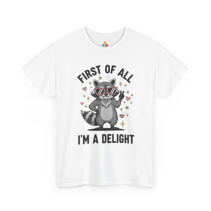 TEEZOCA white “First Of All I’m A Delight” peace‑sign raccoon t‑shirt shown flat.