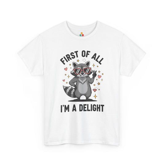 TEEZOCA white “First Of All I’m A Delight” peace‑sign raccoon t‑shirt shown flat.