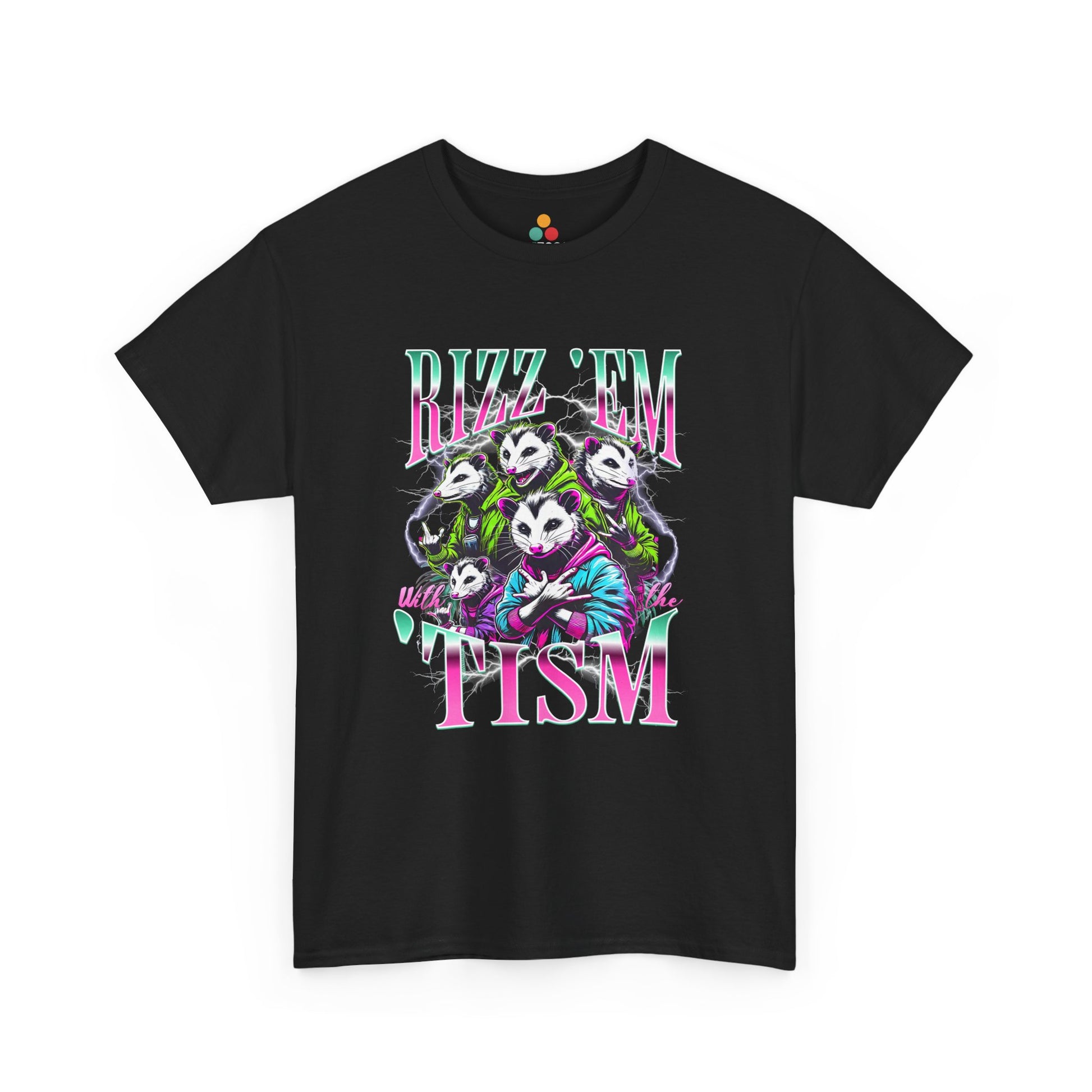 “Black t‑shirt with neon pink and teal text reading ‘Rizz ’Em With the ’Tism’ around a group of stylized opossums in hoodies, flat front view.”


