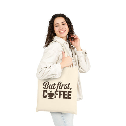 Minimal coffee-themed typography design on a modern TEEZOCA tote bag